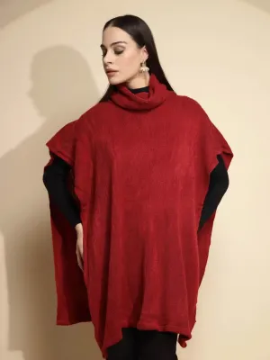 Wine Solid Half Sleeve Turtle Neck Acrylic Poncho
