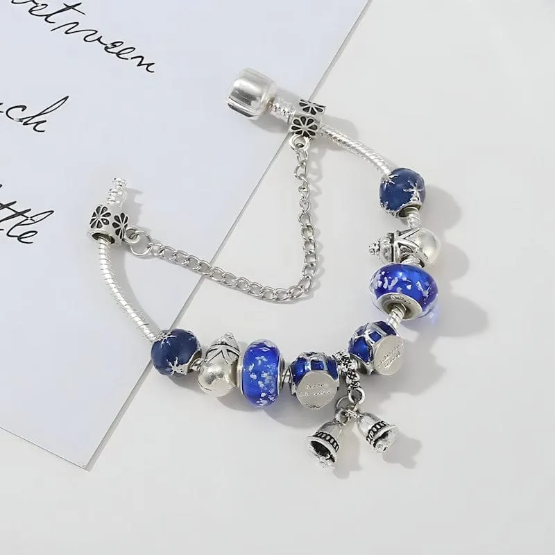 Winter Bells & Snowman Blue Beads Bracelet