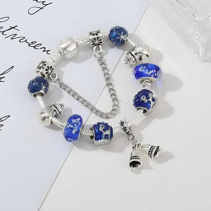 Winter Bells & Snowman Blue Beads Bracelet