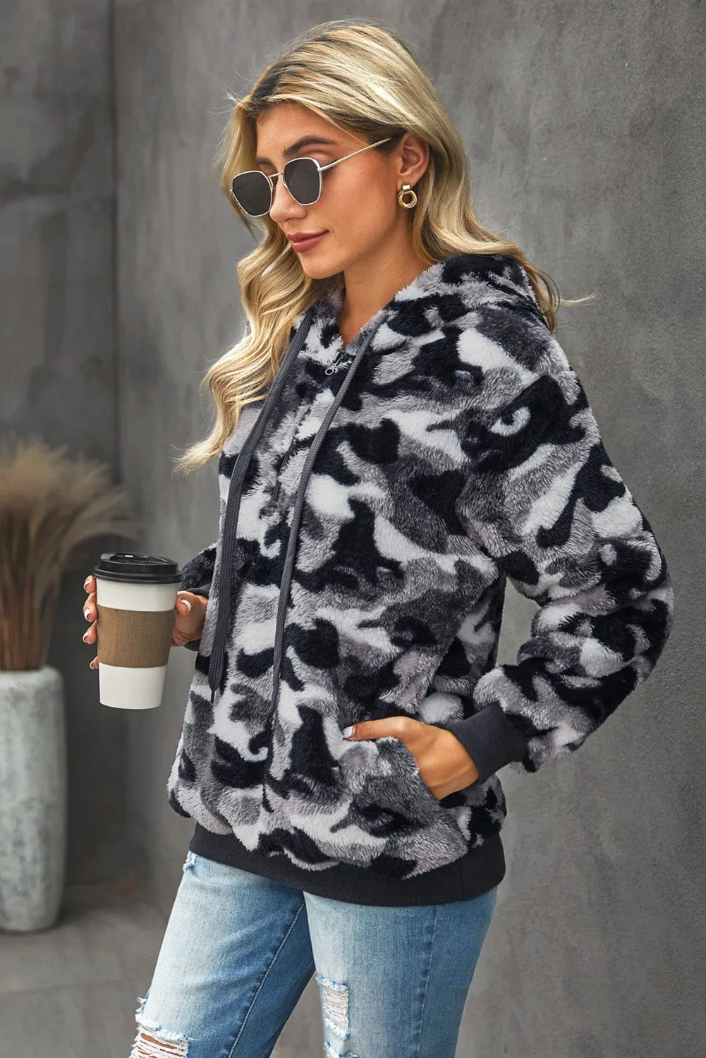 Winter Women's Gray Camo Print Warm Furry Pullover Hoodie