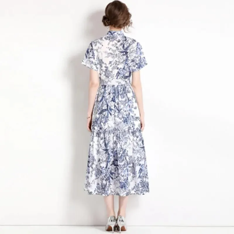 Women Fashion Single Breasted Short Sleeve Female Elegant Floral Print A-Line Belt Midi Dress L S4863819