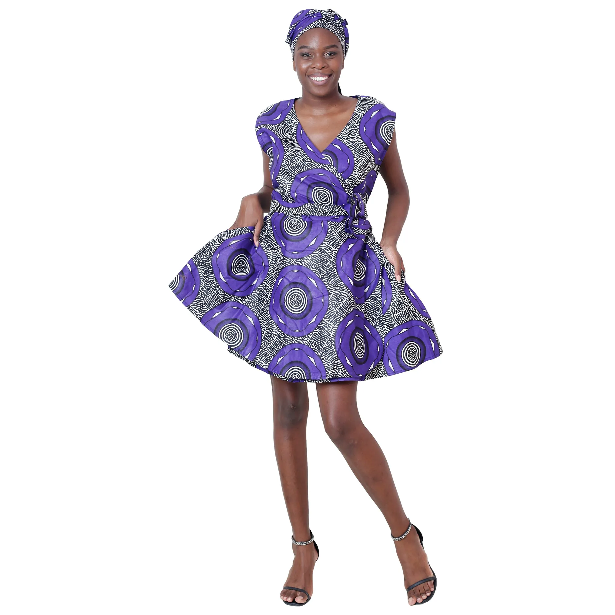 Women's African Print Sleeveless Mini Wrap Dress -- FI-3051