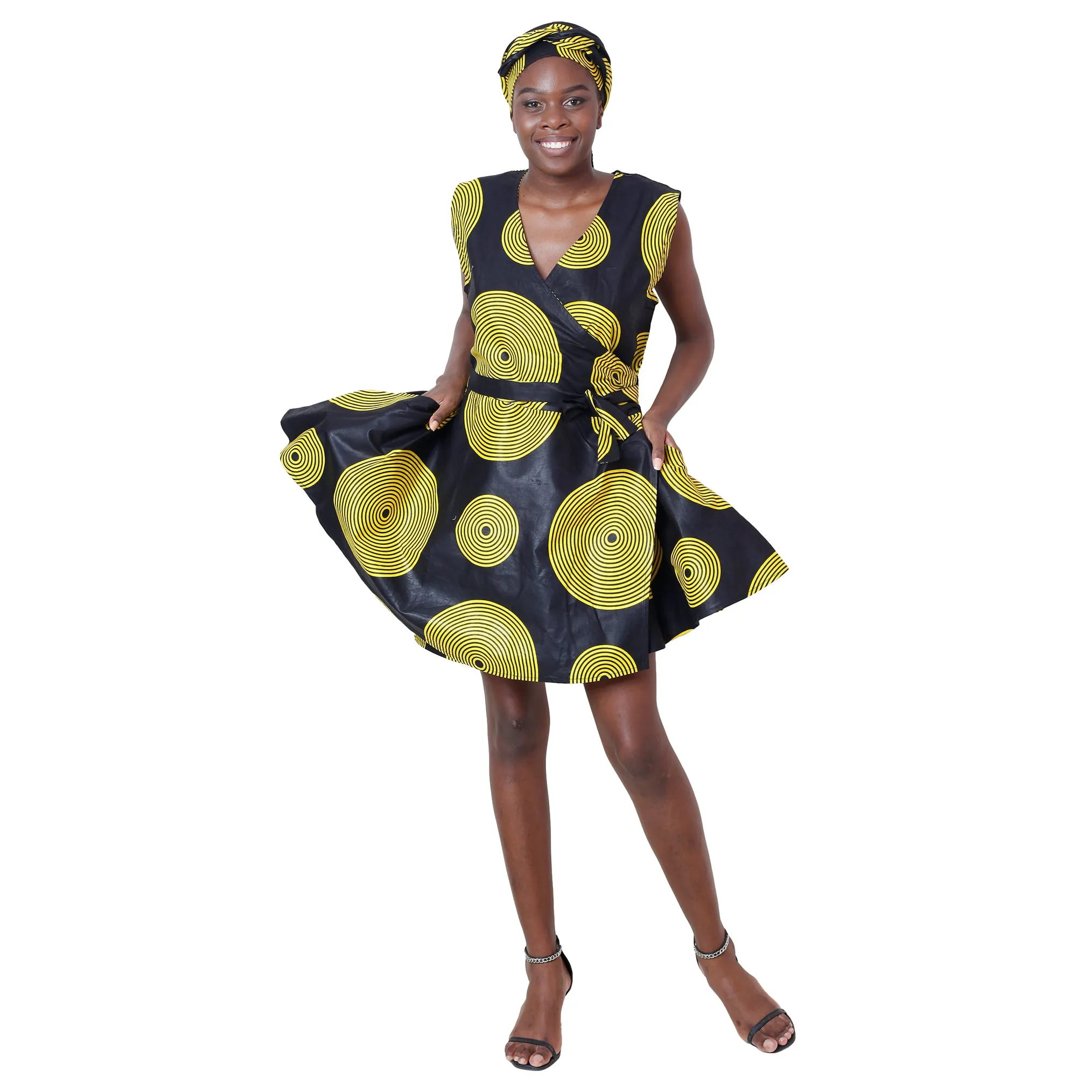 Women's African Print Sleeveless Mini Wrap Dress -- FI-3051