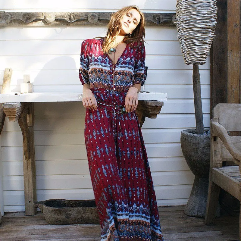 Women's Autumn V-Neck Long Loose Dress