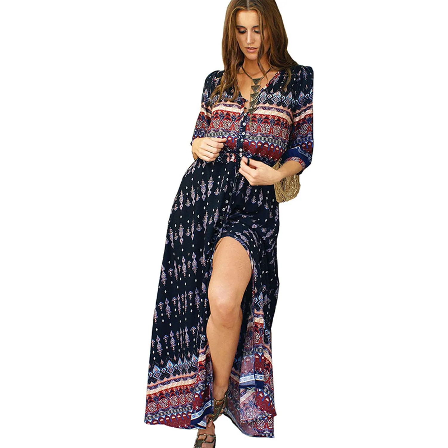 Women's Autumn V-Neck Long Loose Dress
