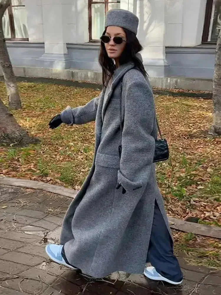 Women's Elegant Gray Wool Winter Coat with Double-Breasted Buttons | Ideal for Autumn/Winter