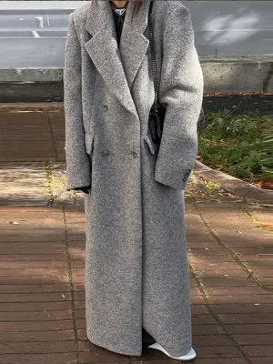 Women's Elegant Gray Wool Winter Coat with Double-Breasted Buttons | Ideal for Autumn/Winter