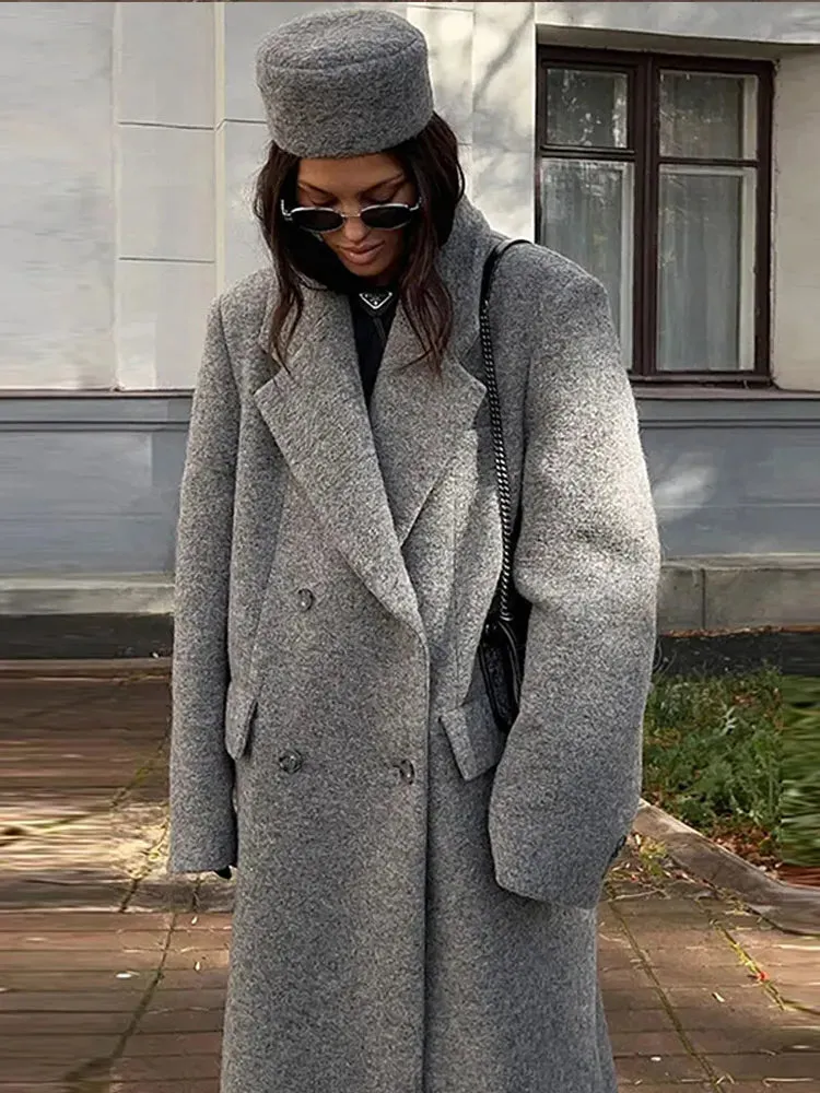 Women's Elegant Gray Wool Winter Coat with Double-Breasted Buttons | Ideal for Autumn/Winter