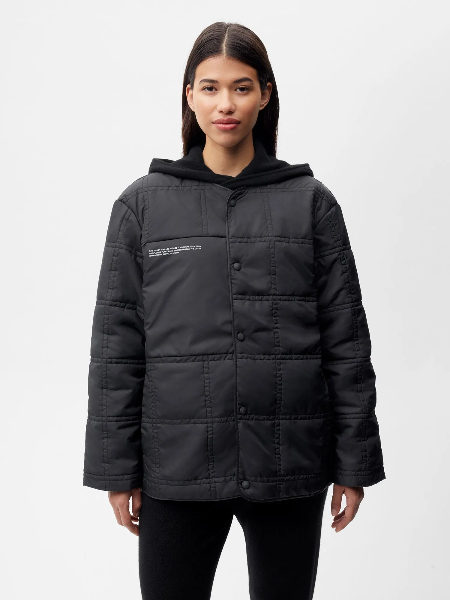 Womens Flower-Warmth Quilted Collarless Jacket —black