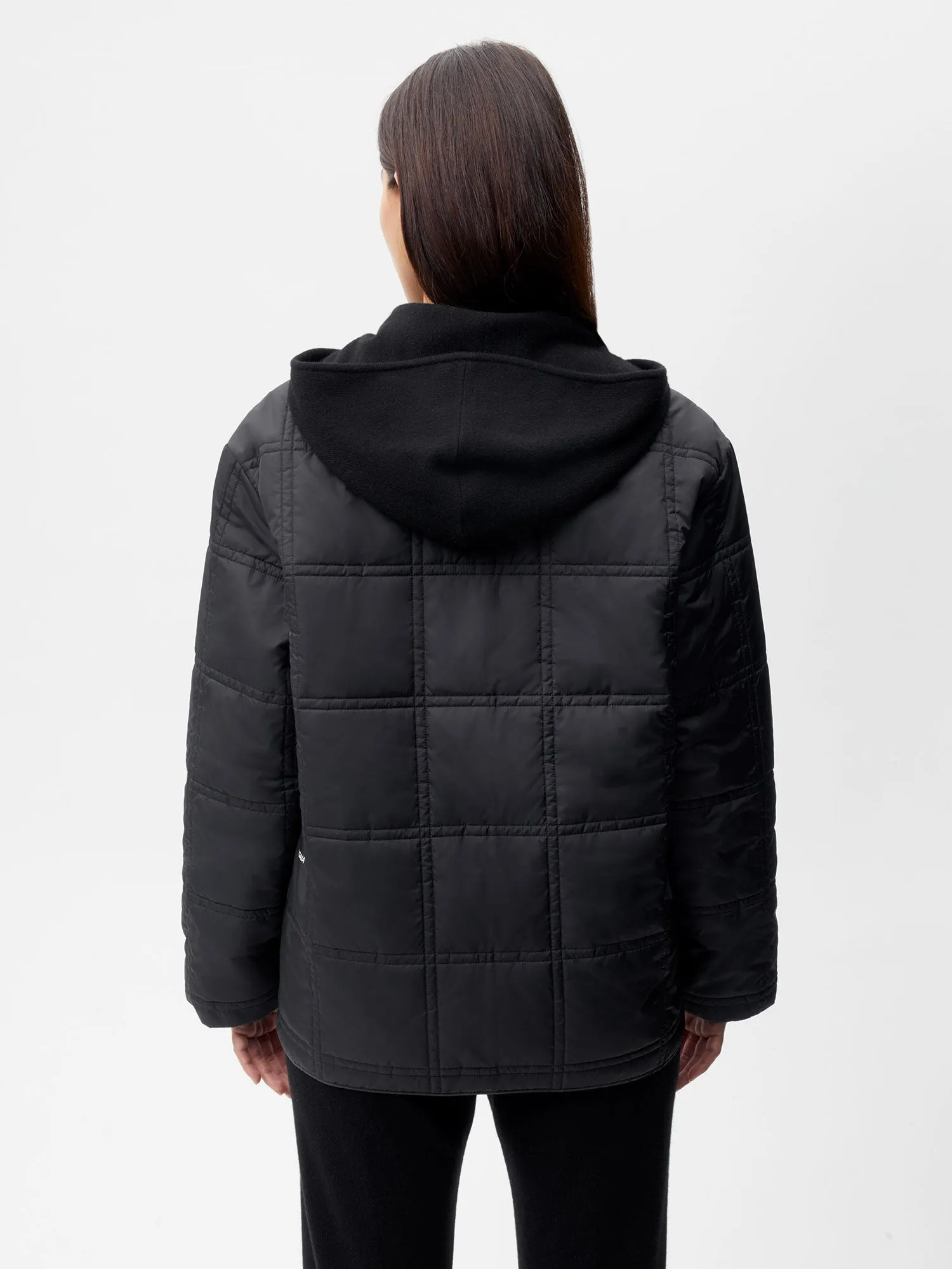 Womens Flower-Warmth Quilted Collarless Jacket —black