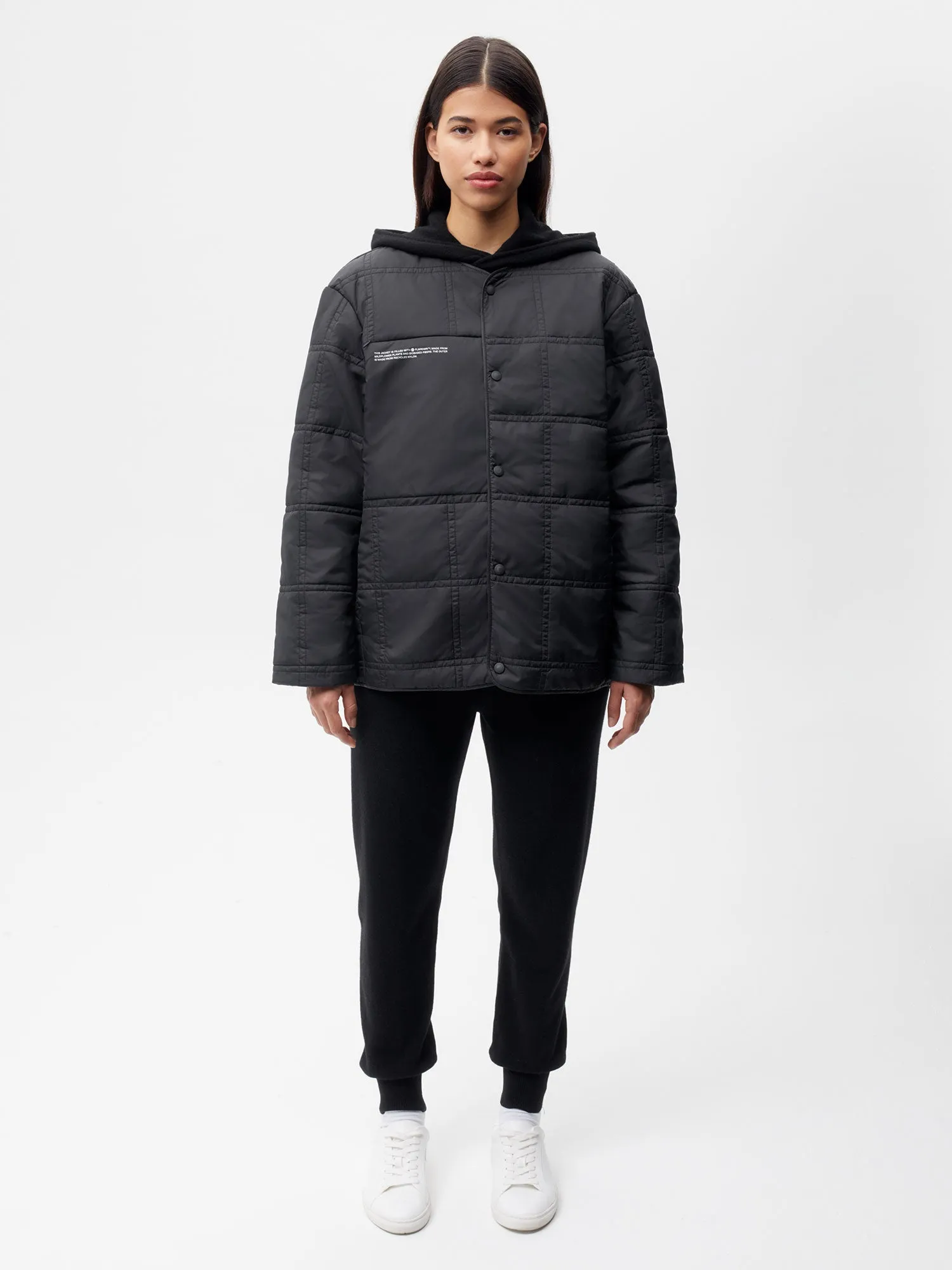 Womens Flower-Warmth Quilted Collarless Jacket —black