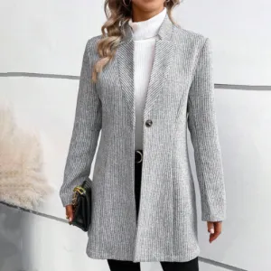 Women's Mid Length Knitted Gray Winter Blazer with Button | Ideal for All Seasons