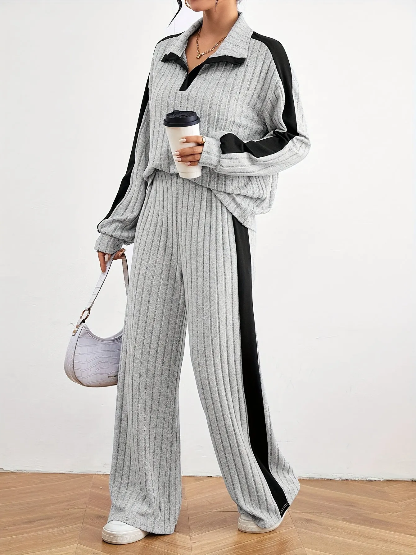 Women's Ribbed Oversized Sweater & Wide-Leg Joggers Set | Ideal for Autumn/Winter
