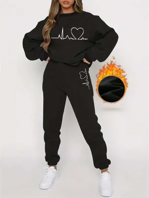 Women's Round Neck Sweater with Heartbeat Print & Joggers Tracksuit Set | Ideal for Autumn/Winter