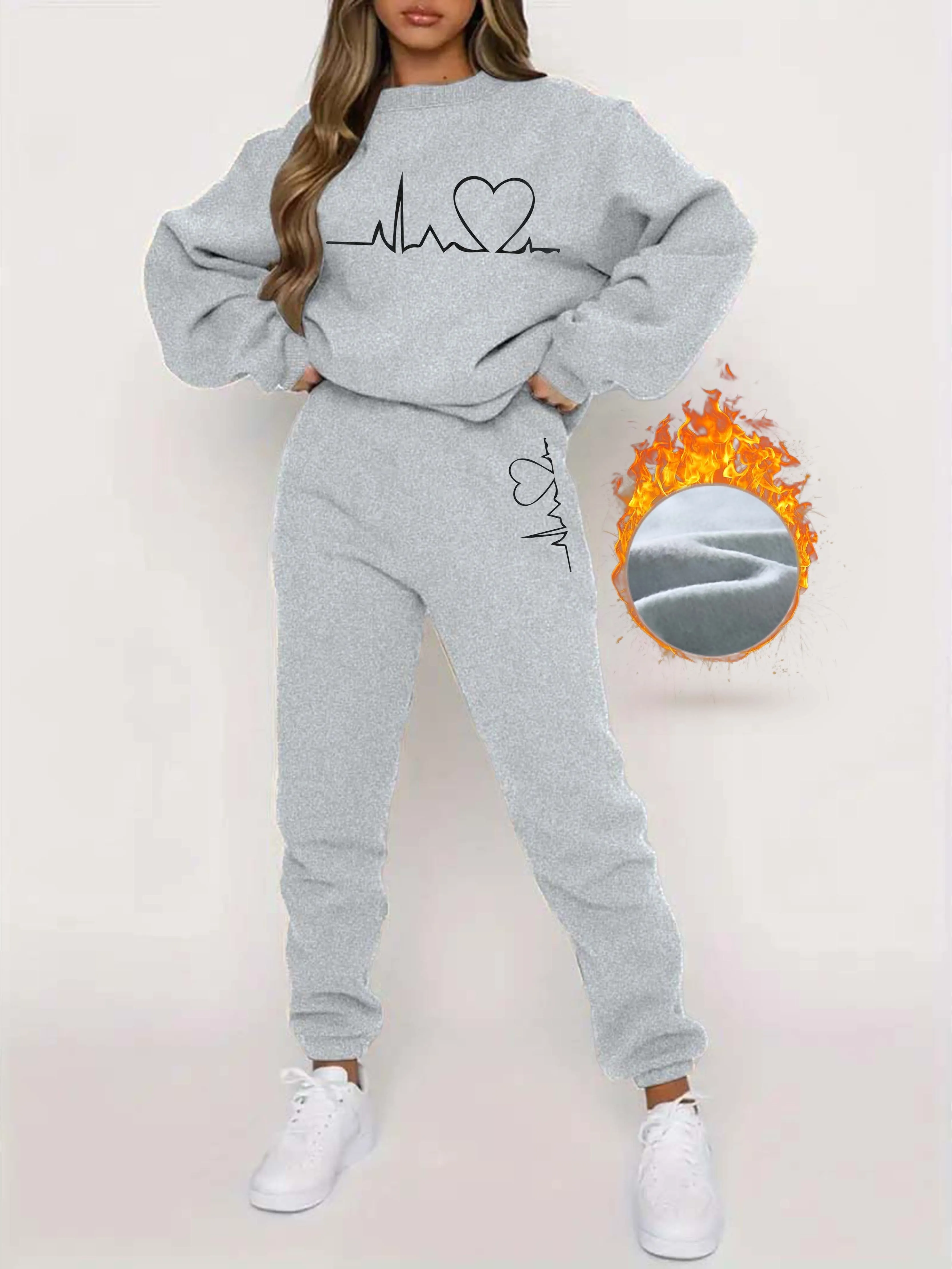 Women's Round Neck Sweater with Heartbeat Print & Joggers Tracksuit Set | Ideal for Autumn/Winter
