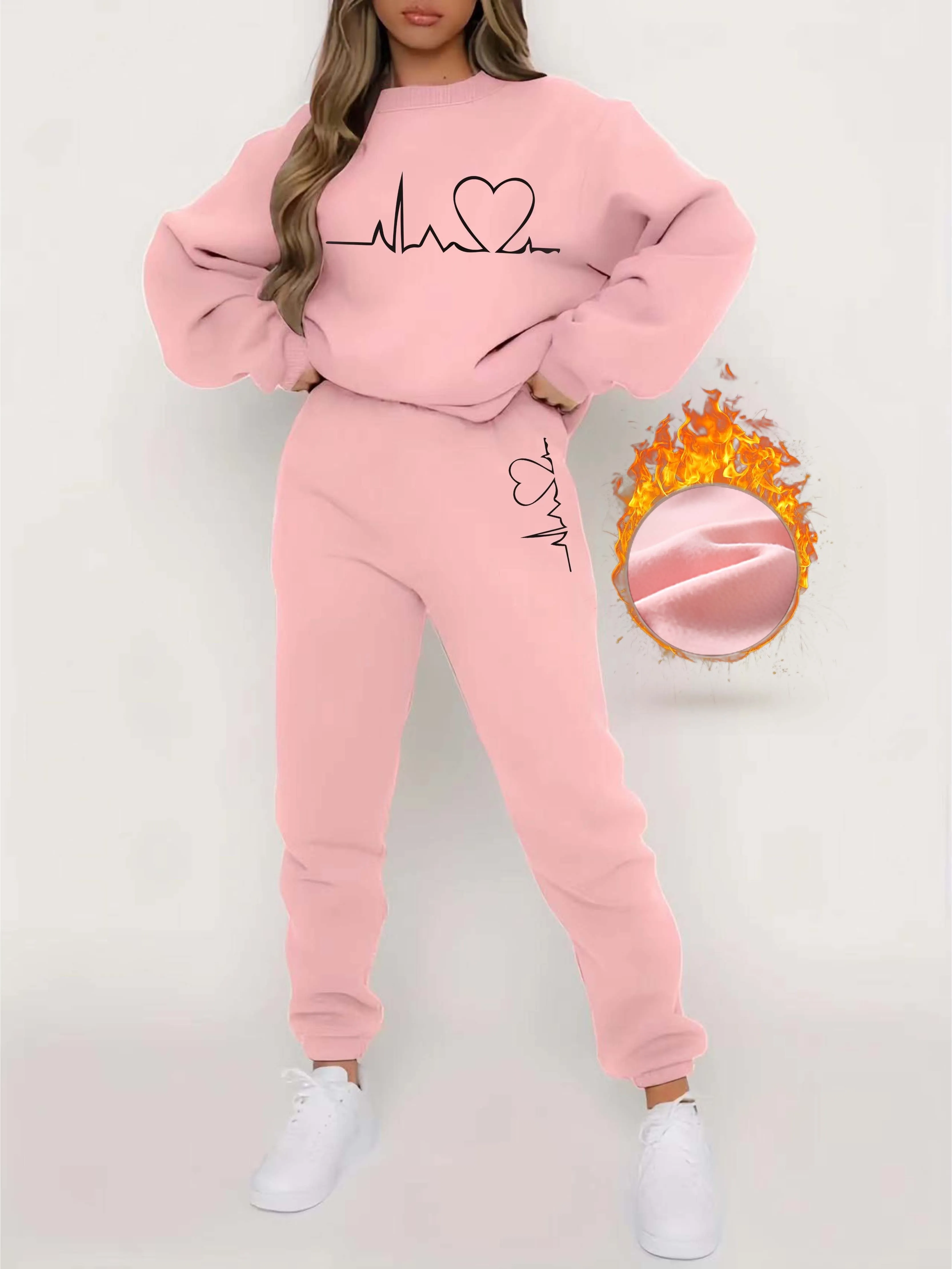Women's Round Neck Sweater with Heartbeat Print & Joggers Tracksuit Set | Ideal for Autumn/Winter