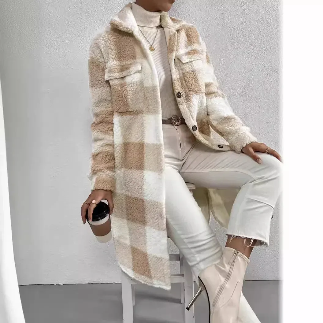 Women's Stylish Plaid Lapel Plush Winter Jacket | Ideal for Autumn/Winter