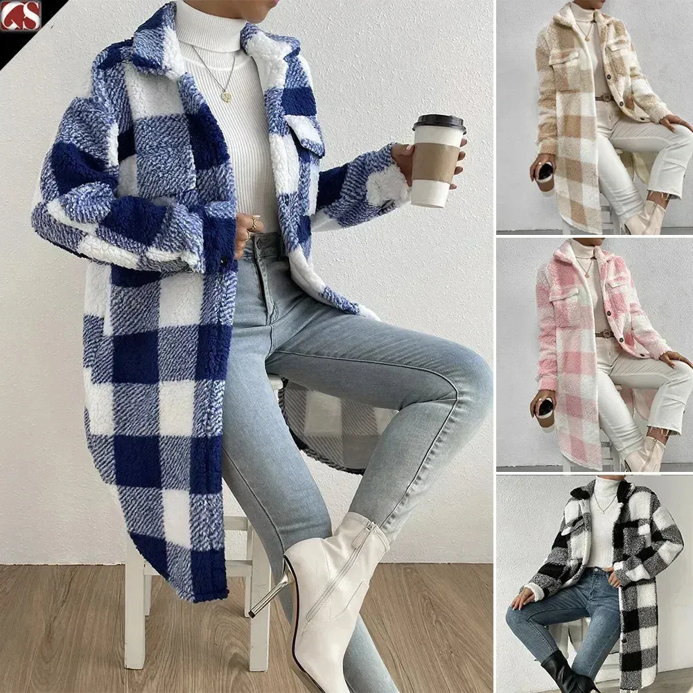 Women's Stylish Plaid Lapel Plush Winter Jacket | Ideal for Autumn/Winter