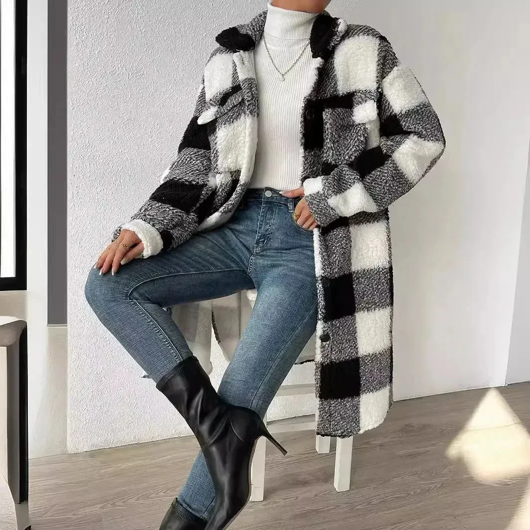 Women's Stylish Plaid Lapel Plush Winter Jacket | Ideal for Autumn/Winter