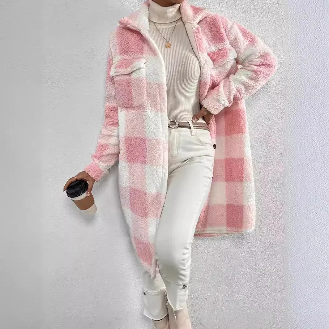 Women's Stylish Plaid Lapel Plush Winter Jacket | Ideal for Autumn/Winter