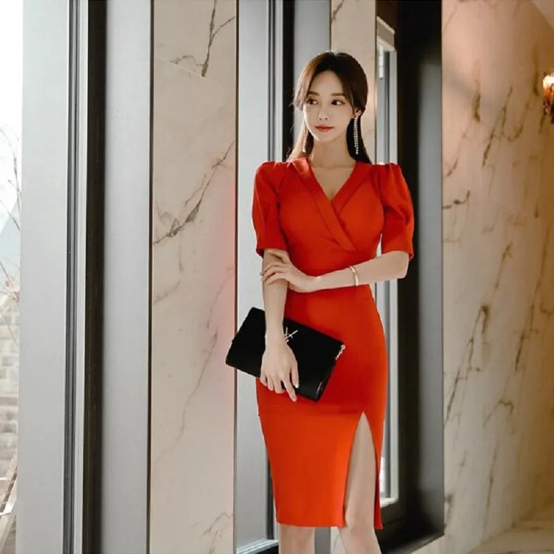 Women's Summer V-Neck Polyester Sheath Short-Sleeved Dress
