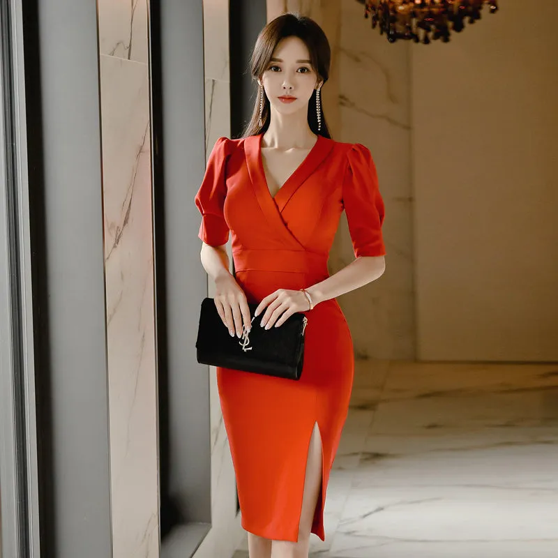 Women's Summer V-Neck Polyester Sheath Short-Sleeved Dress