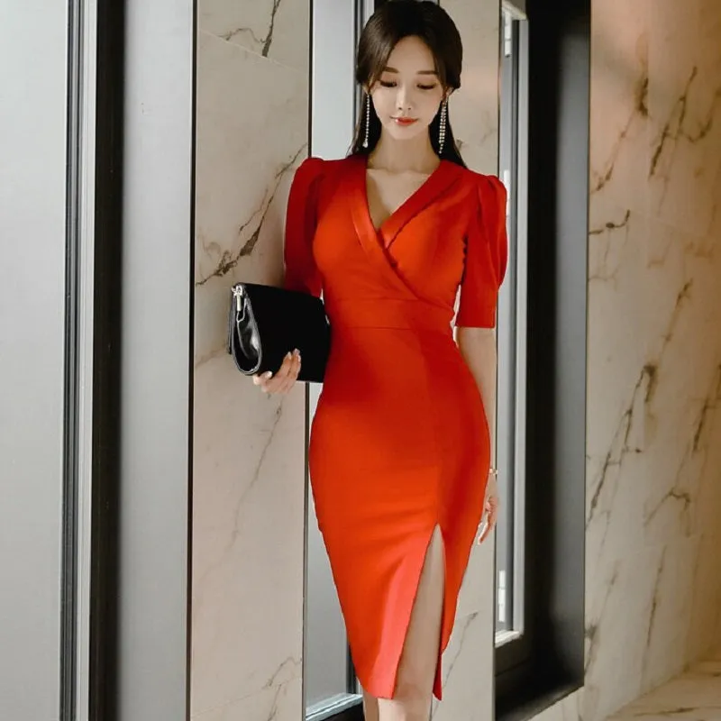 Women's Summer V-Neck Polyester Sheath Short-Sleeved Dress