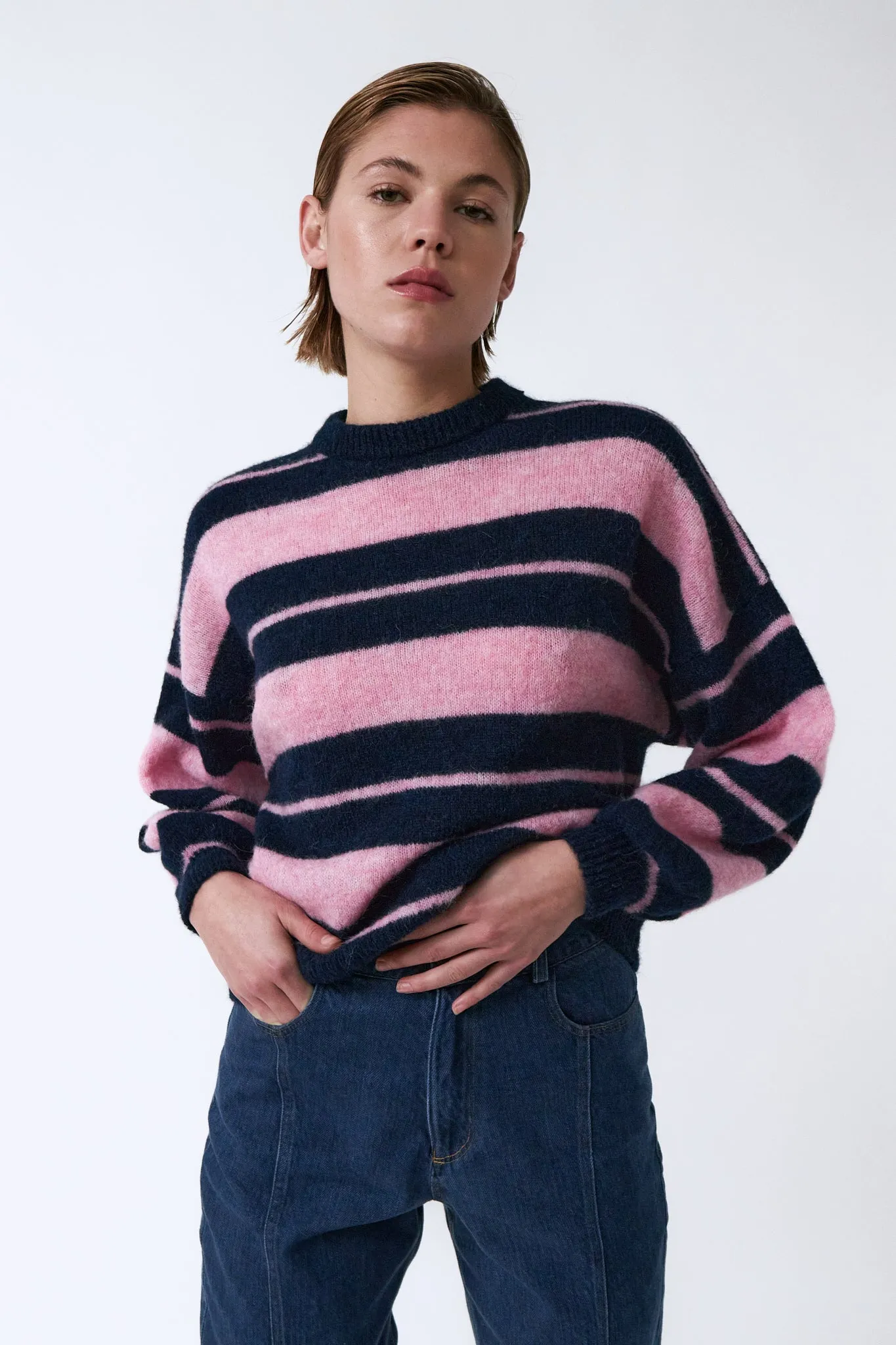 wool sweater - biscuit - pink blue stripes