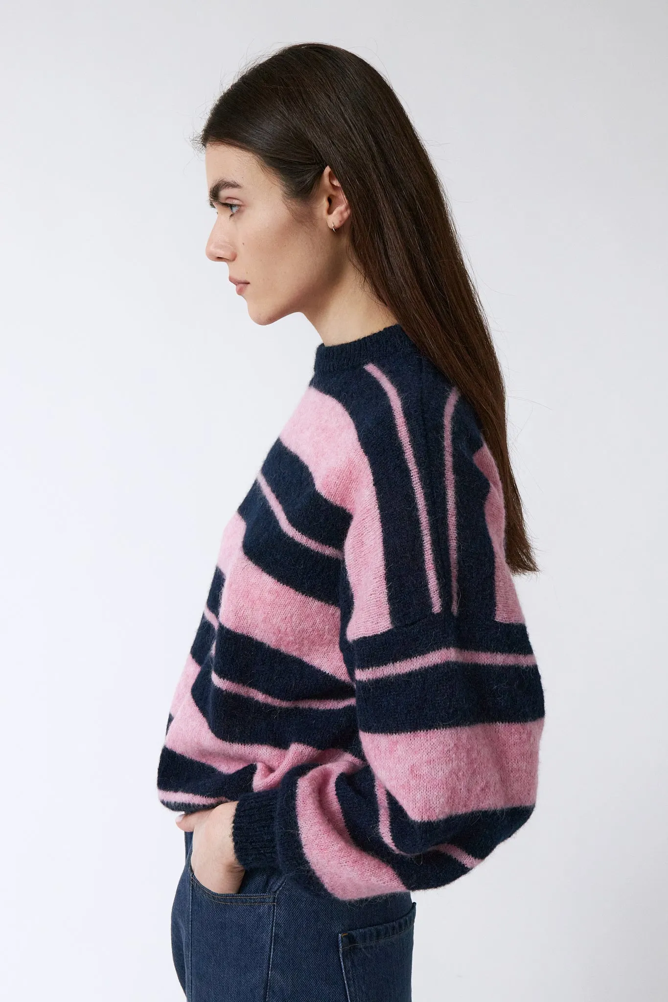 wool sweater - biscuit - pink blue stripes