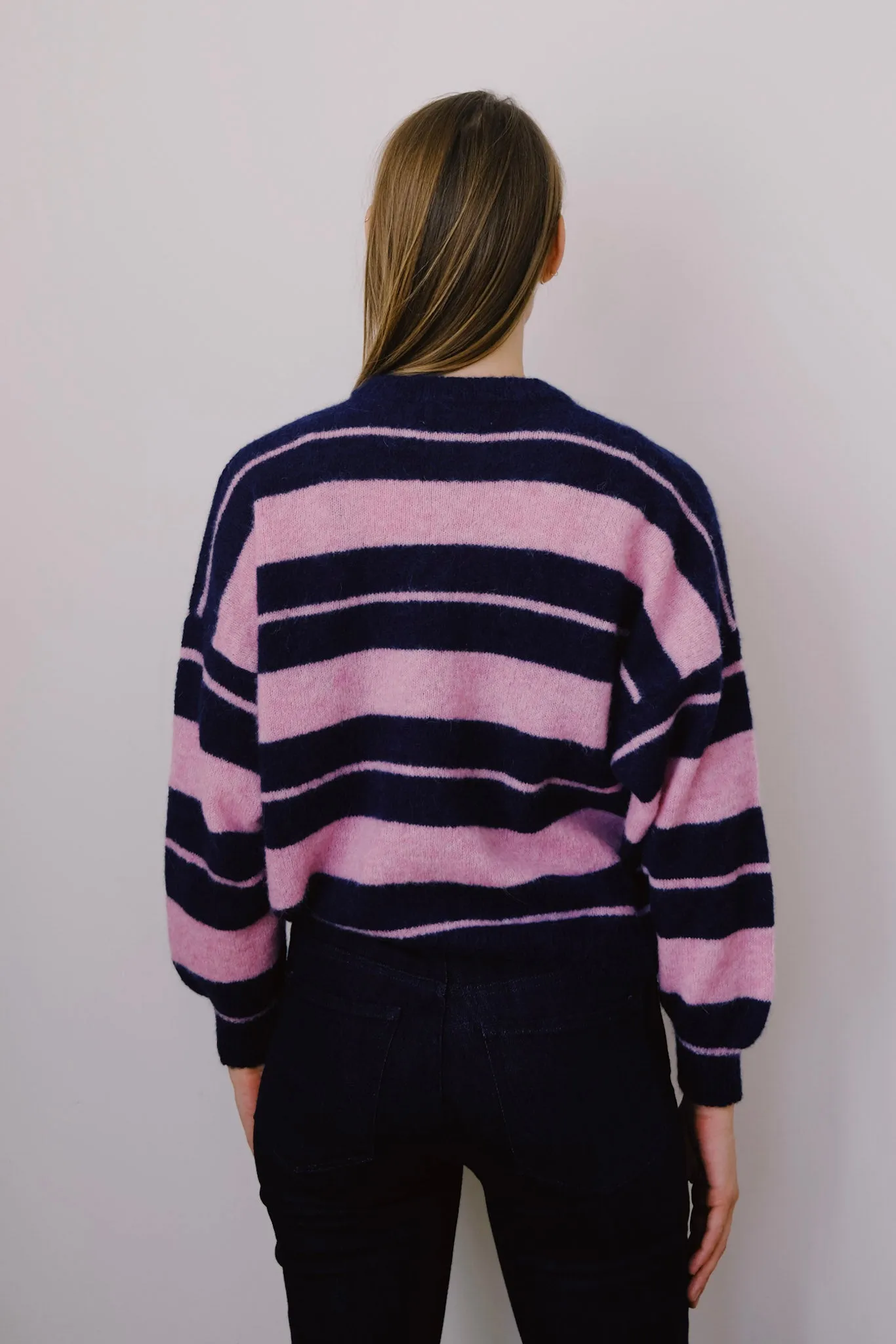 wool sweater - biscuit - pink blue stripes