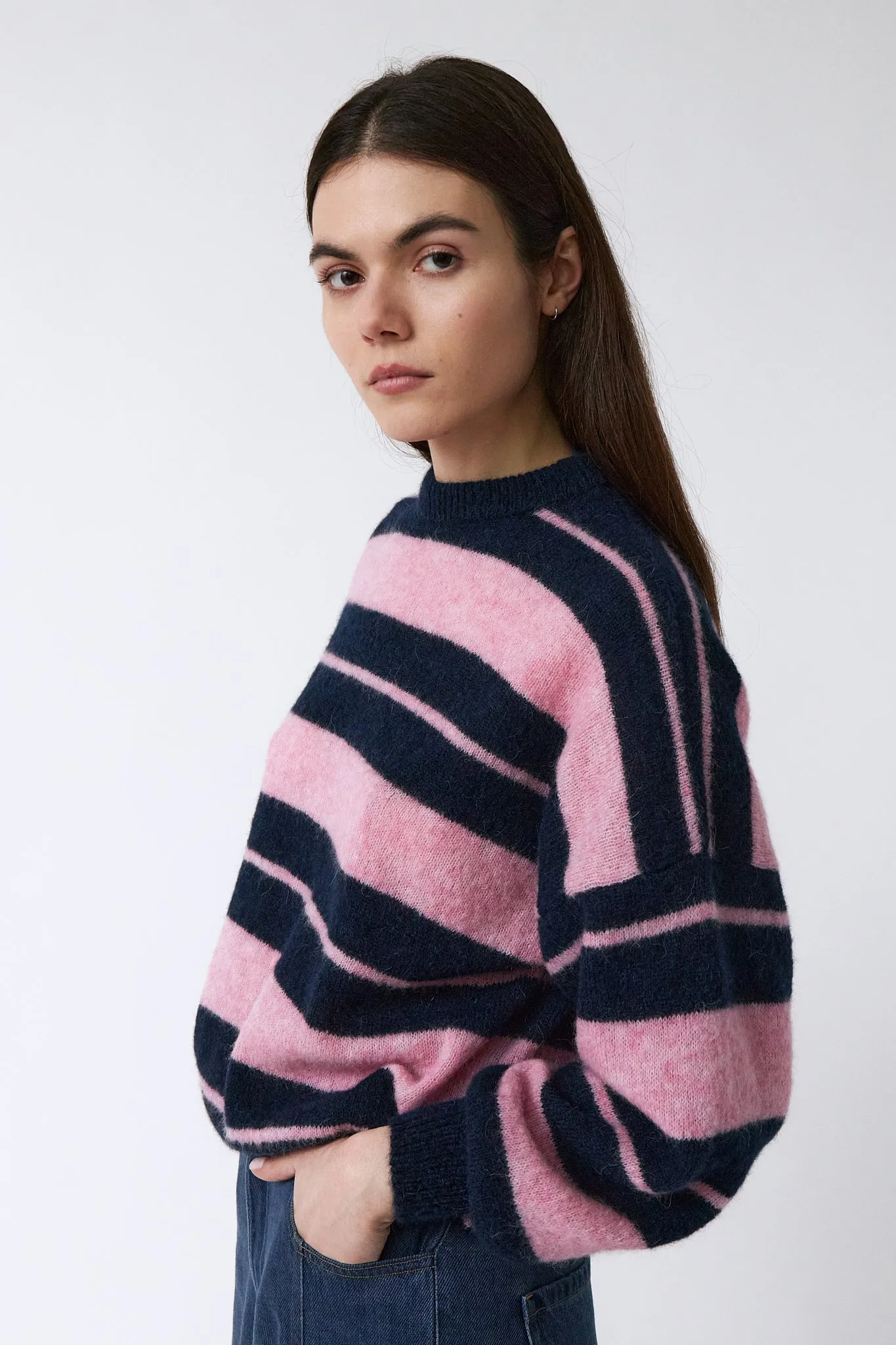wool sweater - biscuit - pink blue stripes