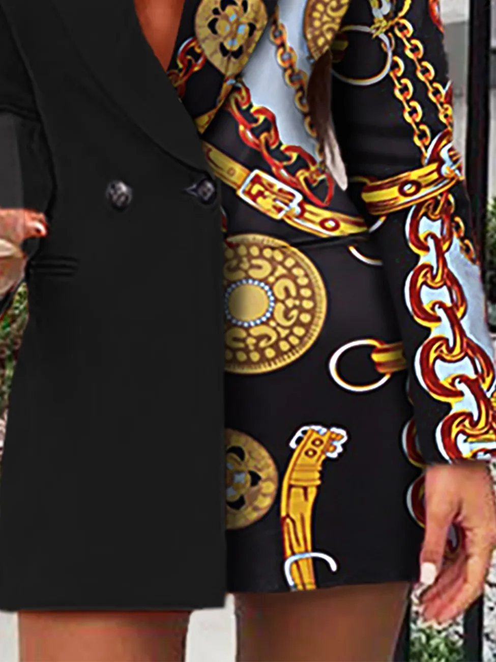 xakxx Women Autumn Fashion Chain Print Long Sleeve Blazer Dress Office Lady Work Dress